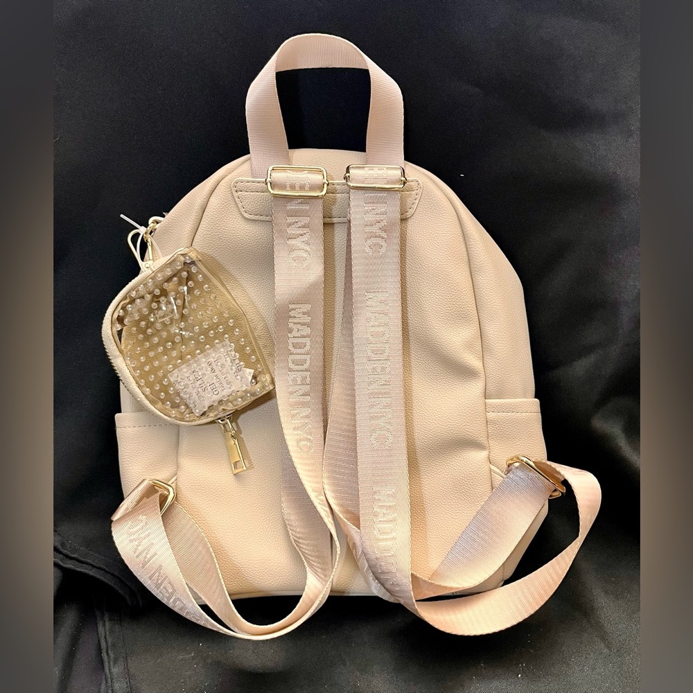 Madden NYC Cream Mini Backpack Purse w/ Coin Pouch Gold Hardware Faux Leather